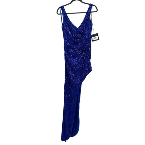 Mac Duggal Sequin Draped Faux Wrap Asymmetrical Hem Gown Cobalt Size 6 NWT - Picture 7 of 12